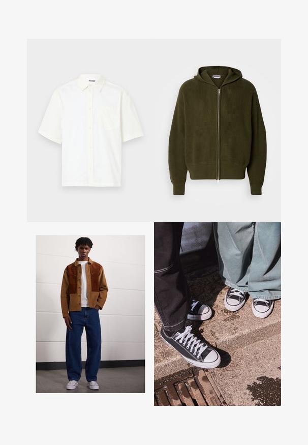 Olívovo zelená zipová mikina s kapucňou a širokými rukávmi, vyrobená z rebrovanej textúry. Disponuje strieborným zipsom a pletenými manžetami na spodnom okraji a rukávoch.; Krátky rukáv, košeľa na gombíky z off-white bavlny. Má golier a ľavú náprsníkovú vrecko s jednoduchým dizajnom a jemnou textúrou.; Mikina s dlhým rukávom a okrúhlym výstrihom v tmavosivej farbe, vyrobená zo zmesi jemnej bavlny. Disponuje rebrovanými manžetami a výstrihom a má hladký, mierne textúrovaný povrch.; Muž stojí vo vnútorných priestoroch, oblečený v hnedých kordových sako so sivými škvrnami, biele tričko, voľné modré džínsy a biele tenisky.; Čierne plátenné tenisky s nízkym strihom, bielymi gumovými špičkami a šnúrkami, v kombinácii so širokými zelenými denimovými nohavicami, na textúrovanej kamennej ploche.