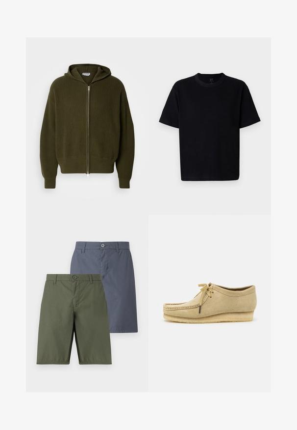 Olivgrüner Zip-Hoodie aus geripptem Material mit Kapuze und weiten Ärmeln. Mit einem silbernen Reißverschluss und gestrickten Bündchen am Saum und an den Ärmeln.; Schwarzes Baumwoll-T-Shirt mit Rundhalsausschnitt, kurzen Ärmeln und geradem Schnitt. Minimale Nähte und eine weiche, glatte Textur.; Zwei Shorts: eine olivgrün, eine marineblau. Beide verfügen über einen Knopfverschluss, einen geraden Schnitt und glattes Gewebe mit einem leichten Glanz.; Beige Wildlederschuh mit Schnürdesign, gestickten Details und Gummisohle. Die Form ist lässig mit einem leichten Keilabsatz.