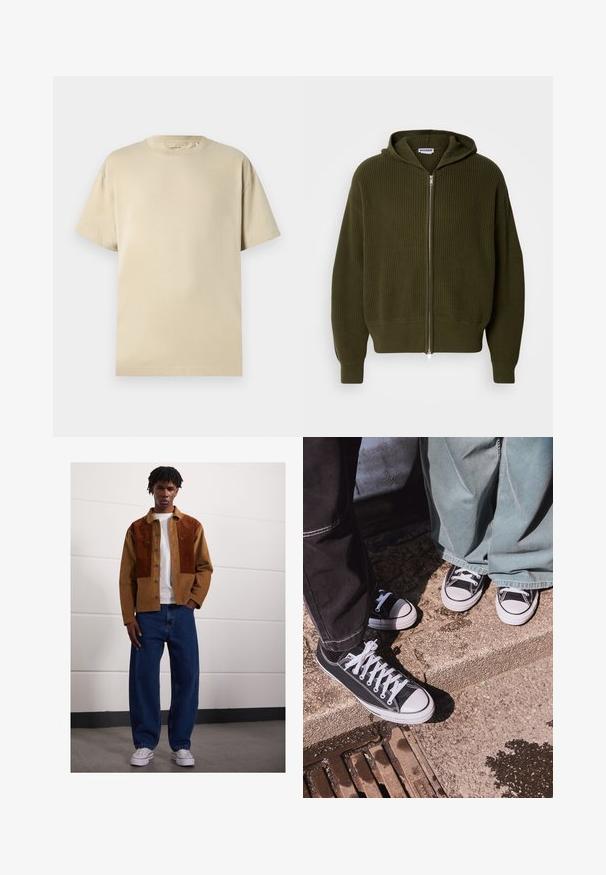Olive green zip-up hoodie in ribbed texture with a hood and wide sleeves. Features a silver zipper and knit cuffs at the hem and sleeves.; Beige cotton t-shirt with a round neckline, short sleeves, and a relaxed fit. Smooth texture with no visible patterns or accents.; Man standing indoors wearing a brown corduroy jacket with rust patches, white t-shirt, loose blue jeans, and white sneakers.; Black canvas low-top sneakers with white rubber toe caps and laces, paired with wide green denim pants, on a textured stone surface.