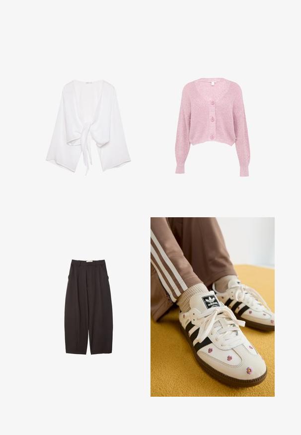 Pink cropped cardigan with a V-neck, long sleeves, and textured knit pattern, featuring four front buttons and ribbed cuffs.; White cropped top made from lightweight fabric. Features a tie closure at the front and wide, bell-shaped sleeves. Textured surface.; Black wide-leg trousers made from a smooth fabric, featuring a high waist, front pleats, and side pockets. Simple design without embellishments.; White leather sneakers with three black stripes and floral embroidery in purple and yellow. Brown rubber sole. Paired with beige ribbed socks.
