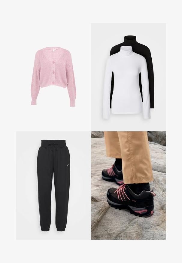 Różowy krótki kardigan z dekoltem w serek, długimi rękawami i teksturowanym wzorem dzianiny, z czterema guzikami z przodu i ściągaczami przy mankietach.; Dwa długie topy z kołnierzem typu golf, jeden biały, a drugi czarny, wykonane z gładkiego, elastycznego materiału, oba o dopasowanym kroju i wysokich kołnierzach.; Czarne spodnie dresowe wykonane z miękkiej mieszanki bawełny, z elastycznym pasem na sznurki i elastycznymi mankietami. Logo Nike na lewym udzie.; Czarno-szare buty trekkingowe z różowymi akcentami, posiadające teksturowaną cholewkę, wzmocniony czubek oraz solidną podeszwę zapewniającą dobrą przyczepność, leżące na skalistym terenie.