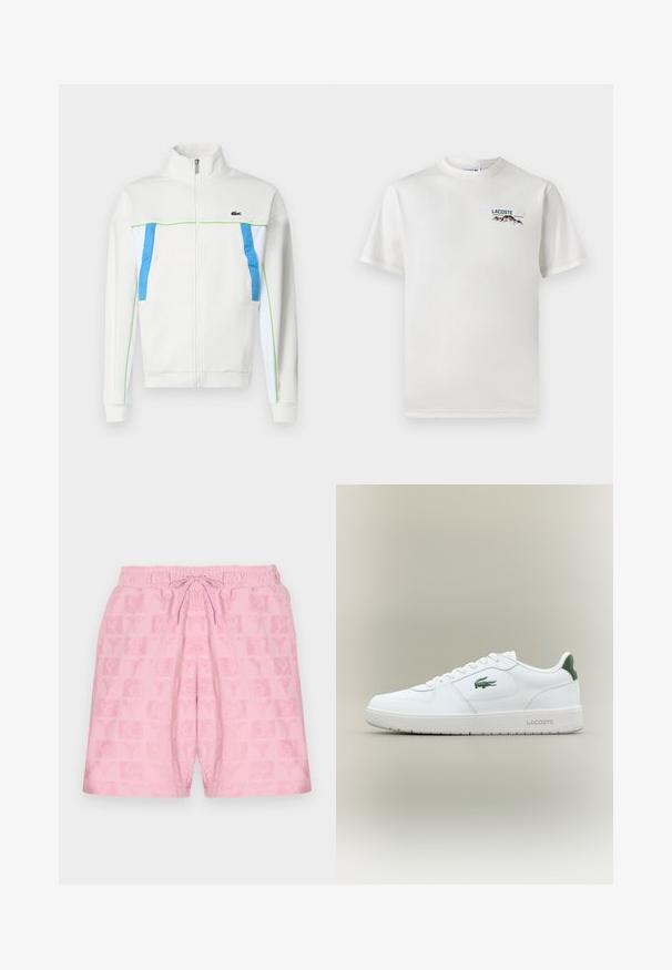 Casaco branco com fecho zip, com detalhes em azul e verde. Apresenta um colarinho alto, bolsos laterais e um logótipo no peito. Textura de tecido suave.; T-shirt de algodão branco com decote redondo, mangas curtas e um pequeno logótipo bordado apresentando montanhas e texto no lado esquerdo do peito.; Calções cor-de-rosa com uma cintura elástica e cordão; apresentam um padrão texturado de logótipos e símbolos por toda a tela.; Sapatilha de couro branca com um acabamento suave, detalhes verdes no calcanhar e um logótipo verde na lateral. Apresenta sola plana e bico redondo.