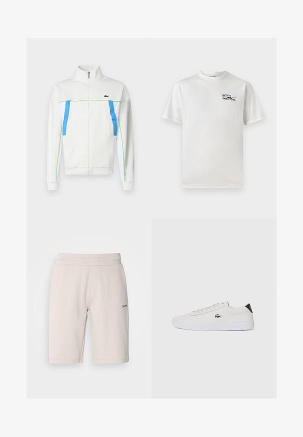 Witte zip-up jack met blauw en groene accenten. Voorzien van een hoge kraag, zijzakken en een logo op de borst. Gladde stoftextuur.; Witte katoenen T-shirt met een ronde hals, korte mouwen en een klein geborduurd logo met bergen en tekst op de linkerborst.; Lichtbeige sweatshirt shorts van een katoenmix, met een elastische tailleband, zijzakken en een klein zwart logo-detail op één been.; Witte leren sneaker met ronde neus, vetersluiting aan de voorkant en zwarte hakaccent. Beschikt over een klein geborduurd krokodillenlogo aan de zijkant.