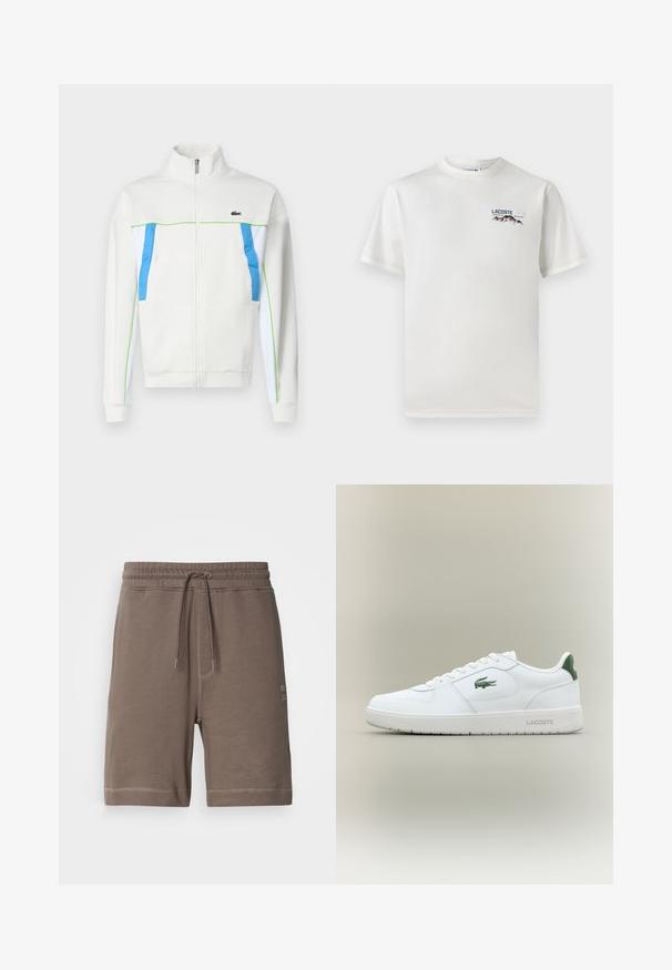 Bela zip-up jakna z modrimi in zelenimi poudarki. Ima visok ovratnik, stranske žepe in logo na prsih. Gladka struktura tkanine.; Bela bombažna majica s krožnim ovratnikom, kratkimi rokavi in majhnim izvezenim logotipom, ki vsebuje gore in besedilo na levi prsni strani.; Krtački šortsi iz smeše pamuka, s elastičnim pojasom, podesivom vezicom i bočnim džepovima. Imaju kontrastne šavove i oznaku s logotipom.; Bela usnjena tenisačka obutev s gladko površino, z zelenimi poudarki na peti in zelenim logotipom ob strani. Ima ravno podplat in okroglo konico.