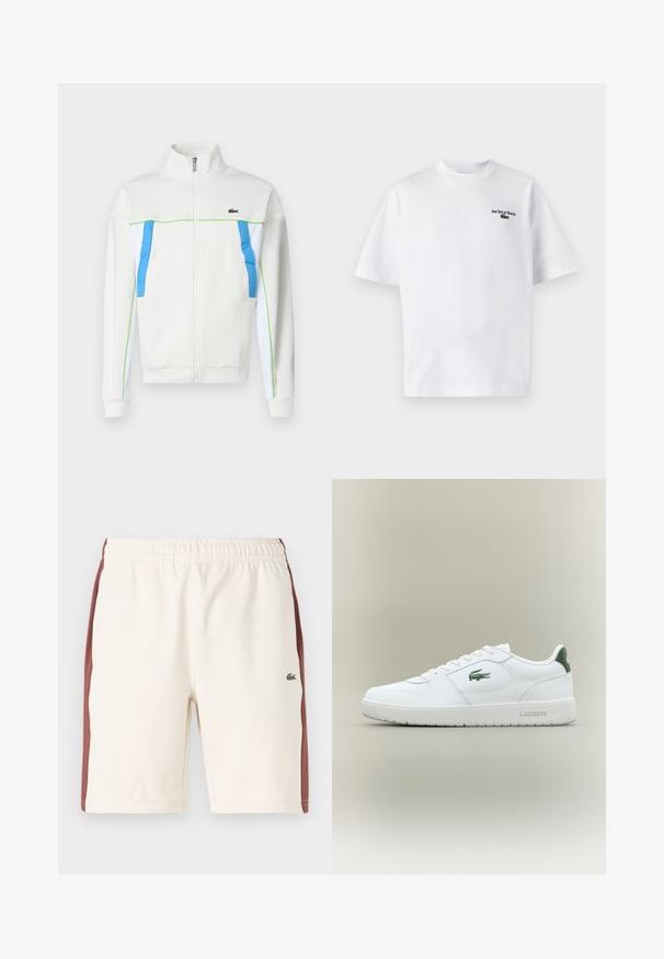 Chaqueta blanca de cremallera con detalles en azul y verde. Cuenta con un cuello alto, bolsillos laterales y un logo en el pecho. Textura de tela suave.; Camiseta de algodón blanca con mangas cortas, que presenta el texto "Jeu Set et Match" y un pequeño logo verde en el lado izquierdo del pecho. Corte clásico.; Pantalones cortos de algodón en color crema con paneles laterales en burdeos. Cuentan con una cinturilla elástica y un pequeño logo bordado en verde. Corte clásico y relajado.; Zapatilla de cuero blanca con un acabado suave, acentos verdes en el talón y un logotipo verde en el lateral. Presenta una suela plana y una puntera redonda.