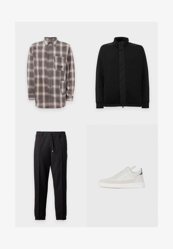 Casaco preto com gola alta, botões de pressão e painéis de tecido em contraste. Apresenta dois bolsos laterais e punhos canelados para um ajuste perfeito.; Camisa de botão de manga longa em xadrez castanho e bege, com dois bolsos frontais e colarinho pontiagudo.; Calças pretas com uma cinta na cintura, cordão ajustável e punhos elásticos. Apresenta pregas e um tecido liso e texturizado.; Ténis brancos em pele com detalhes em camurça cinza, design de atacadores, com alça de puxar e sola de borracha texturizada com padrão em zigzag.