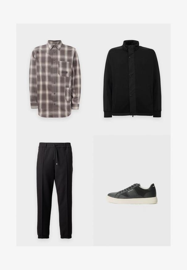 Juoda striukė su aukštu apykakle, spaudimo mygtukais ir kontrastingais audinio intarpais. Turi dvi šonines kišenes ir raukšlėtus rankogalius, suteikiančius prigludusį išvaizdą.; Ilgomis rankovėmis rudas ir smėlio spalvos tinklelis marškiniai su dviem priekiniais kišenėmis ir su smailiu apykakle.; Juodos kelnės su juosmeniu, raišteliu ir elastingais rankogaliais. Yra raukšlės ir lygus, tekstūruotas audinys.; Juodos sportinės avalynės pagamintos iš lygaus odos su tekstūruotais akcentais, baltu guminiu padu, apvaliu pirštu ir juodomis raištelėmis. Prekės ženklas ant šono ir nugaros.