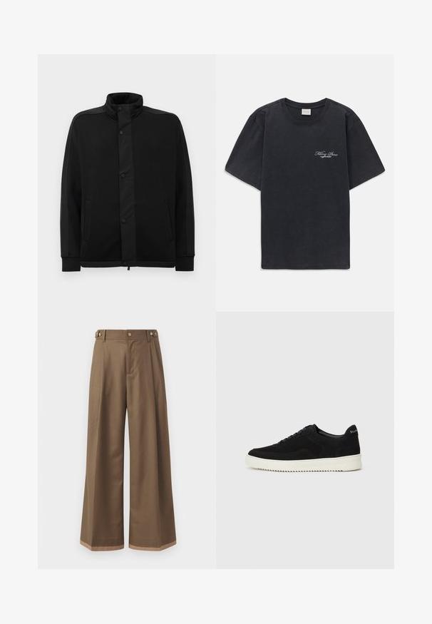 Black jacket with high collar, snap buttons, and contrasting fabric panels. Features two side pockets and ribbed cuffs for a fitted look.; Black short-sleeve crew neck t-shirt with small white "Filling Pieces" text logo on the left chest.; Wide-leg trousers in a dark brown fabric, featuring two side pockets, two decorative front buttons, and a contrast hem detail.; Black suede sneaker with lace-up design and contrasting white rubber sole. Features textured side panels and subtle branding on the heel.