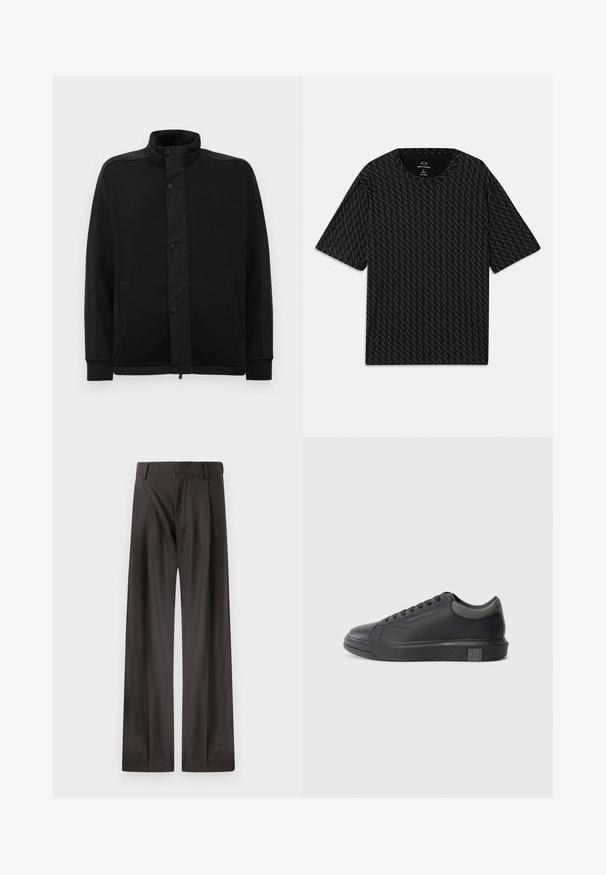 Črna jakna z visokim ovratnikom, gumbi na pritisk in kontrastnimi tkaninami. Ima dve stranski žepi in rebraste manšete za prilagojen videz.; Črna majica s kratkimi rokavi, ki vsebuje teksturiran vzorec iz izmeničnih logotipov 'A', z okroglim izrezom. Narejena iz lahkega materiala.; Široke hlače iz temno rjave tkanine. Imajo gladko teksturo, strukturiran pas in subtilne sprednje naborke.; Črne usnjene teniske s gladko površino, zaobljenim prstom in temno sivo akcenti. Imajo sistem vezanja in teksturiran gumijast podplat.