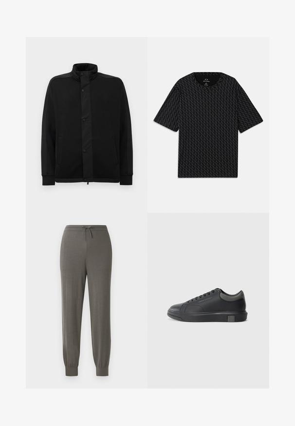 Čierna bunda s vysokým golierom, patentkami a kontrastnými látkovými panelmi. Obsahuje dve bočné vrecká a rebrované manžety pre priliehavý vzhľad.; Čierne tričko s textúrovaným vzorom striedajúcich sa log 'A', krátke rukávy a okrúhly výstrih. Vyrobené z ľahkého materiálu.; Šedé jogger nohavice s pásom na stiahnutie, zúženými koncami, mäkkou textúrou látky a hladkým, minimalistickým dizajnom.; Čierne kožené tenisky s hladkým povrchom, zaoblenou špičkou a tmavošedými akcentmi. Obsahujú šnurovací dizajn a štruktúrovanú gumovú podrážku.