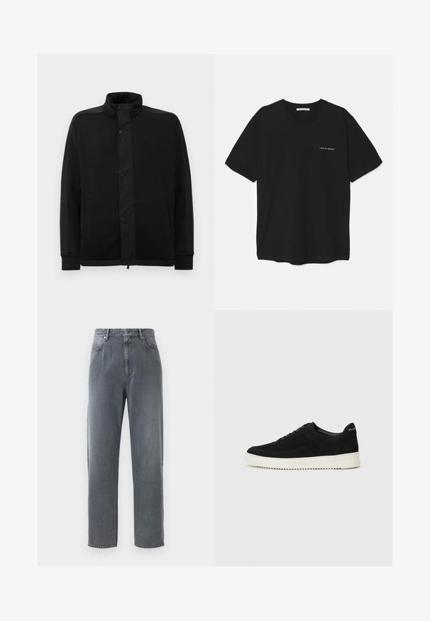 Casaco preto com gola alta, botões de pressão e painéis de tecido em contraste. Apresenta dois bolsos laterais e punhos canelados para um ajuste perfeito.; T-shirt preta de algodão com gola redonda, mangas curtas e impressão de logó tipo branca no lado esquerdo do peito. Design simples, de cor sólida.; Jeans de cintura alta e perna reta em denim cinza desbotado, com cinco bolsos, fecho de botão e desbotamento subtil no tecido.; Sapatilhas de camurça pretas com design de atacadores e sola de borracha branca em contraste. Apresenta painéis laterais texturizados e uma marcação discreta no calcanhar.
