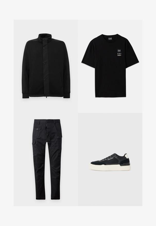 Crna jakna s visokim ovratnikom, kopčama na dugmad i kontrastnim panelima od tkanine. Ima dva bočna dzepa i rebraste manšete za prilagođen izgled.; Crna pamučna majica s kratkim rukavima, okruglim izrezom i malom oznakom logotipa sprijeda koja sadrži simbole za njegu u bijeloj boji.; Crne cargo hlače izrađene od izdržljivog materijala, s višestrukim džepovima, dugmetom za zatvaranje i ravnim krojem. Glatka tekstura i mat završna obrada.; Crne tenisice od mrežaste tkanine i kože, s debelim bijelim potplatom i kontrastnim detaljima. Šnure i logo detalj sa strane.