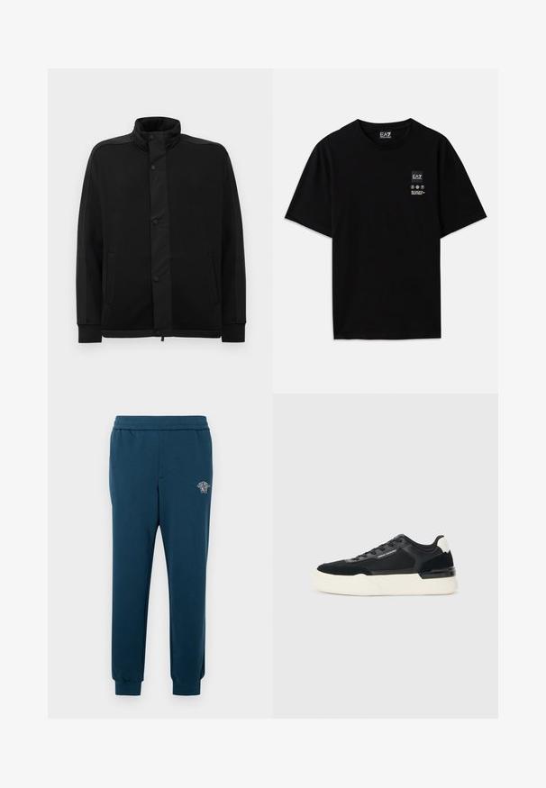 Casaco preto com gola alta, botões de pressão e painéis de tecido em contraste. Apresenta dois bolsos laterais e punhos canelados para um ajuste perfeito.; T-shirt de algodão preto com mangas curtas, decote redondo e uma pequena etiqueta com logótipo na parte da frente, apresentando símbolos de cuidado em branco.; Calças jogger verde azul escuro com cintura elástica, punhos canelados e detalhes em emblema prateado na coxa esquerda. Tecido suave em mistura de algodão.; Sapata preta feita de malha e couro, apresentando uma sola branca grossa e detalhes contrastantes. Cadarços e detalhe do logótipo na lateral.