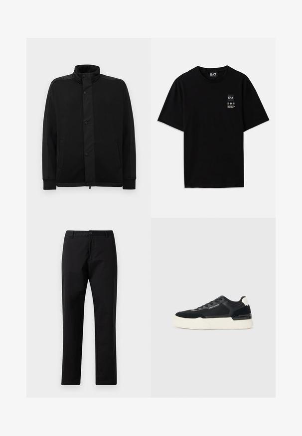 Černá bunda s vysokým límcem, patentkami a kontrastními látkovými panely. Obsahuje dvě postranní kapsy a žebrované manžety pro přiléhavý vzhled.; Černé bavlněné tričko s krátkými rukávy, kulatým výstřihem a malou etiketu s logem na přední straně, která obsahuje bílé symboly péče.; Černé rovné kalhoty se zapínáním na knoflík a zip, s poutky na opasek a předními kapsami, vystavené na bílém pozadí.; Černé tenisky vyrobené z mřížkového materiálu a kůže, s výraznou bílou podešví a kontrastními akcenty. Šněrování a detail loga na straně.