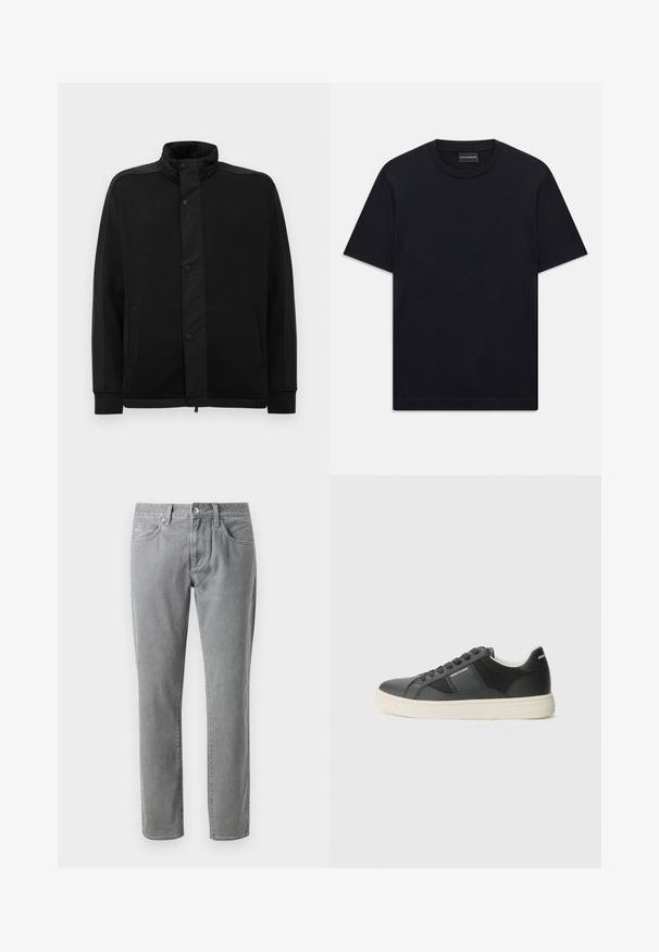 Juoda striukė su aukštu apykakle, spaudimo mygtukais ir kontrastingais audinio intarpais. Turi dvi šonines kišenes ir raukšlėtus rankogalius, suteikiančius prigludusį išvaizdą.; Juoda trumpo rankovės marškinėliai su apvalia iškirpte, su subtiliu iškilniu logotipo dizainu viduryje krūtinės ir ženklu vidinėje apykaklės pusėje.; Pilki džinsai su tiesiu kirpimu, turintys penkias kišenes, priekiniu mygtukų uždARYMU ir šviesiu kontrastiniu siuvinėjimu.; Juodos sportinės avalynės pagamintos iš lygaus odos su tekstūruotais akcentais, baltu guminiu padu, apvaliu pirštu ir juodomis raištelėmis. Prekės ženklas ant šono ir nugaros.