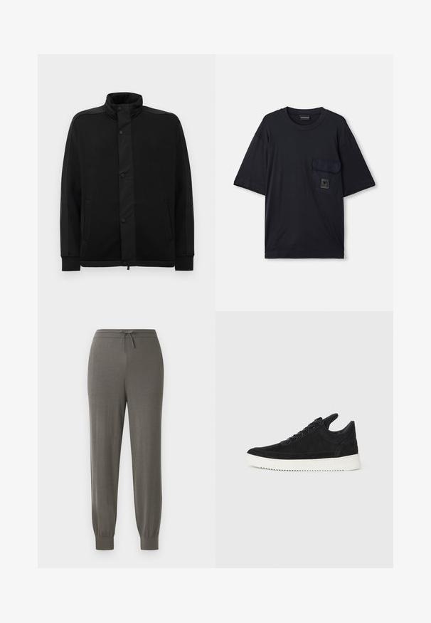 Juoda striukė su aukštu apykakle, spaudimo mygtukais ir kontrastingais audinio intarpais. Turi dvi šonines kišenes ir raukšlėtus rankogalius, suteikiančius prigludusį išvaizdą.; Juodas trumpas rankovės marškinėlis su apvalia kaklo iškirpte, su kišene kairėje krūtinės pusėje, ant kurios yra mažas stačiakampio formos logotipas.; Pilkos sportinės kelnės su raišteliu juosmenyje, siaurėjančiomis kojomis, minkšta audinio tekstūra ir sklandžiu, minimalistiniu dizainu.; Juodų suede sportbačių su balta gumine padu, su toniniais siuvinėjimais ir raištelių užsegimu. Sklandus paviršius su šiuolaikine, laiko forma.