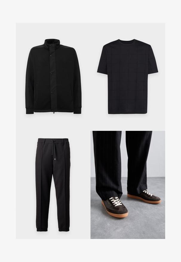 Černá bunda s vysokým límcem, patentkami a kontrastními látkovými panely. Obsahuje dvě postranní kapsy a žebrované manžety pro přiléhavý vzhled.; Armani Exchange Triko s potiskem - black; Černé kalhoty s páskem, šňůrkou na stažení a elastickými manžetami. Obsahují sklady a hladkou, strukturovanou látku.; Tmavohnědé semišové tenisky s krémovými tkaničkami, bílými akcenty a béžovou gumovou podrážkou. Nosené s černými kalhotami s pruhy.