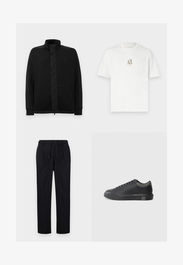 Svart jakke med høy krage, trykknapper og kontrasterende stoffpaneler. Har to sidelommer og ribbestrikkede ermer for en tettsittende look.; Hvit bomulls T-skjorte med rund hals. Har en liten beige logo "A|X" og "ARMANI EXCHANGE" trykket under. Korte ermer, normal passform.; Sorte bukser laget av glatt stoff, med elastisk midje, rette ben og frontplisser for en strukturert look.; Sorte lærersneakers med en glat finish, rund tå og mørkegrå detaljer. Har snørebånd og en struktureret gummisål.