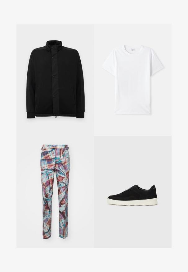 Mustarjakas kõrge kraega, nööbiga kinnitused ja kontrastsed kangakihid. Omab kahte küljetaskut ja soonikpääste, et saavutada sobiv välimus.; Valge puuvillane t-särk, ümmargune kaelus, lühikesed varrukad, sile tekstuur, ilma mustrite või aksessuaarideta, lihtne disain, tavaline istuvus.; Mitmekesised ruudulised püksid, mis sisaldavad sinise, punase ja valge tooni segu; sile tekstuur; sirge jala disain koos küljetaskutega.; Mustad suede jooksujalatsid, millel on paelad ja kontrastne valge kummitald. Omab tekstuuriga külgpaneele ja tagasihoidlikku brändimist kandadel.