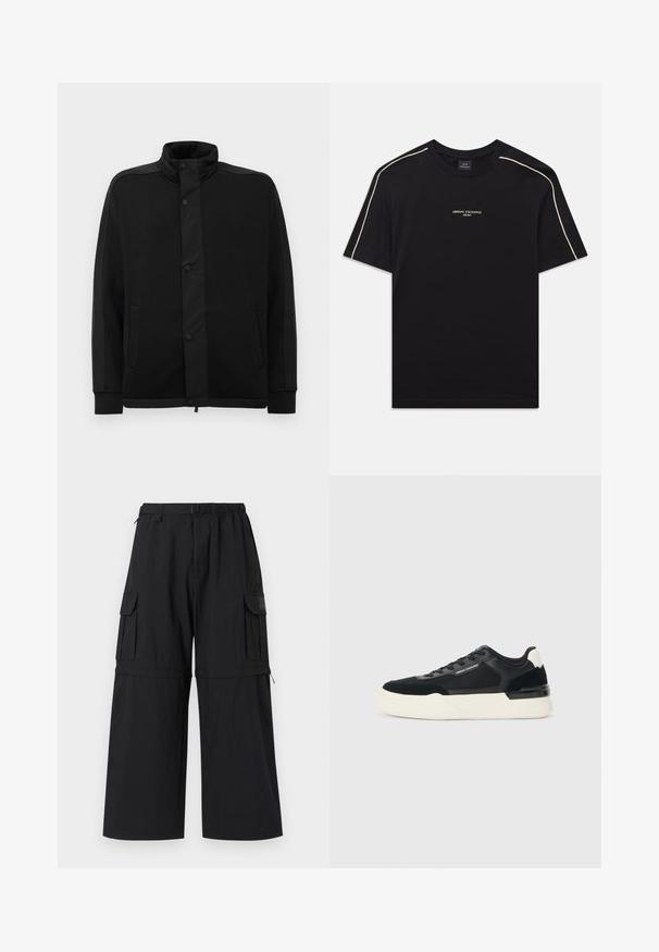Svart jakke med høy krage, trykknapper og kontrasterende stoffpaneler. Har to sidelommer og ribbestrikkede ermer for en tettsittende look.; Svart bomulls t-skjorte med korte ermer, rund hals, beige detaljer på skuldrene, og ARMANI EXCHANGE-logoen i midten.; Sorte cargo bukser med vide ben, elastisk talje og flere sidelommer. Laget av lett stoff med en jevn tekstur.; Svart sneaker laget av mesh og lær, med en tykk hvit såle og kontrasterende detaljer. Lissene og logoen er detaljer på siden.
