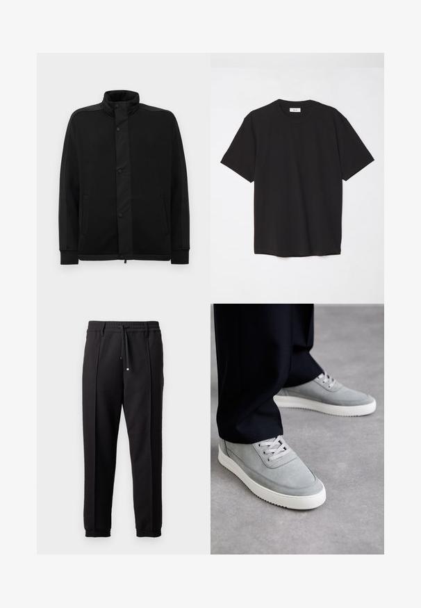 Čierna bunda s vysokým golierom, patentkami a kontrastnými látkovými panelmi. Obsahuje dve bočné vrecká a rebrované manžety pre priliehavý vzhľad.; Čierne bavlnené tričko s okrúhlym výstrihom, krátkymi rukávmi a voľným strihom. Jednoduchý dizajn, hladká textúra a žiadne viditeľné vzory ani logá.; Čierne nohavice s pásom, šnúrkou na stiahnutie a elastickými manžetami. Obsahujú pútkové prešitia a hladkú, textúrovanú látku.; Šedé semišové tenisky s bielymi gumovými podrážkami, so šnurovacím dizajnom, zakrivenou špičkou a jemnými švami, obuté s čiernymi nohavicami.