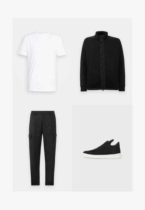 Black jacket with high collar, snap buttons, and contrasting fabric panels. Features two side pockets and ribbed cuffs for a fitted look.; White cotton t-shirt featuring a classic crew neck, short sleeves, and a smooth texture; no patterns or visible logos.; Black cargo pants with an elastic waistband, tapered leg, side pockets, and a single cargo pocket on the left thigh. Smooth texture.; Black suede sneaker with a white rubber sole, featuring tonal stitching and lace-up design. Smooth texture with a modern, streamlined shape.