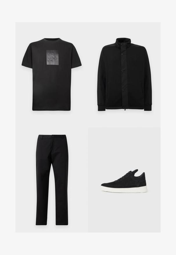 Melna jaka ar augstu apkakli, spiedpogu aizdari un kontrastējošiem auduma paneļiem. Iekļauj divas sānu kabatas un ribotās aproces, lai nodrošinātu pieguļošu izskatu.; Melna kokvilnas T-kreklu ar kvadrāta formas teksturētu grafiku uz priekšpuses, kas ietver stilizētu logo. Īsas piedurknes un apaļa kakla izgriezums.; Melni taisni bikses ar pogu un rāvējslēdzēja aizdari, jostas cilpām un priekšējiem kabatām, izliktas uz baltas fona.; Melna zamša apavi ar baltu gumijas zoli, ar tonālu izšuvumu un auklu dizainu. Gluda tekstūra ar mūsdienīgu, plūstošu formu.