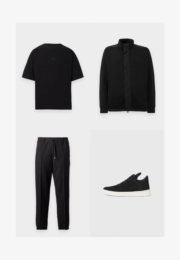 Casaco preto com gola alta, botões de pressão e painéis de tecido em contraste. Apresenta dois bolsos laterais e punhos canelados para um ajuste perfeito.; T-shirt preta de manga curta feita de algodão. Apresenta gola redonda e um logótipo subtil bordado no peito. Textura suave.; Calças pretas com uma cinta na cintura, cordão ajustável e punhos elásticos. Apresenta pregas e um tecido liso e texturizado.; Sapatilha de camurça preta com sola de borracha branca, apresentando costuras tonais e um design com atacadores. Textura suave com uma forma moderna e simplificada.