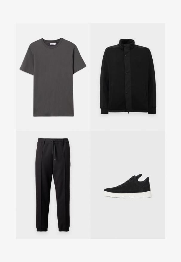 Čierna bunda s vysokým golierom, patentkami a kontrastnými látkovými panelmi. Obsahuje dve bočné vrecká a rebrované manžety pre priliehavý vzhľad.; Jednoduché tmavo šedé tričko s krátkym rukávom a klasickým výstrihom so malou bielou nálepkou značky v golfe na bielom pozadí.; Čierne nohavice s pásom, šnúrkou na stiahnutie a elastickými manžetami. Obsahujú pútkové prešitia a hladkú, textúrovanú látku.; čierne semišové tenisky s bielou gumovou podrážkou, s tonálnym prešívaním a šnurovaním. Hladká textúra s moderným, zjednodušeným tvarom.