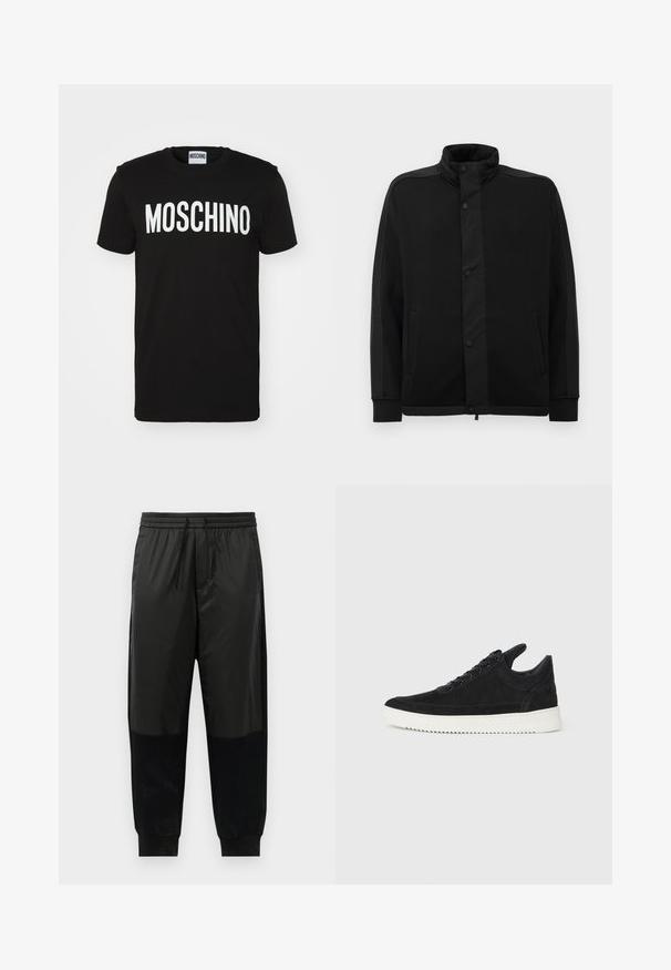 Sort jakke med høj krave, trykknapper og kontrasterende stofpaneler. Har to sidelommer og ribbede manchetter for et tætsiddende look.; Sort bomulds t-shirt med fed hvid "MOSCHINO" tekst på forsiden; rund hals og korte ærmer. Simpelt design, klassisk pasform.; Sorte træningsbukser med en blanding af glatte og teksturerede stoffer, elastisk talje med snøre og tapered ben.; Sort ruskinds sneaker med en hvid gummisål, der har tonalt syet detalje og snørredesign. Glat tekstur med en moderne, strømlinet form.