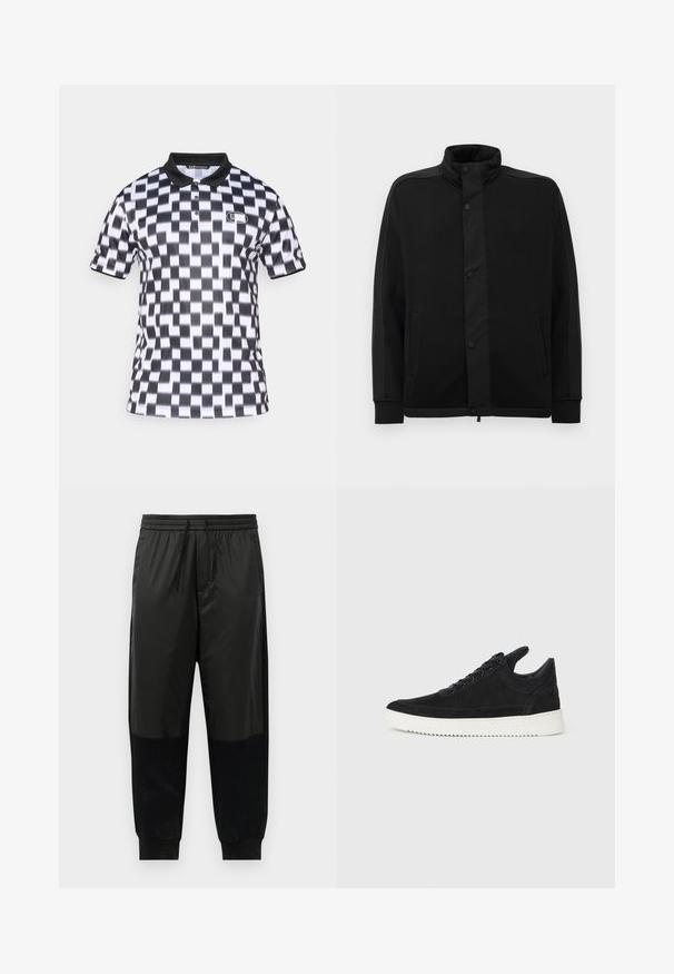 Svart jakke med høy krage, trykknapper og kontrasterende stoffpaneler. Har to sidelommer og ribbestrikkede ermer for en tettsittende look.; Kortermet polo skjorte med et svart-hvitt zigzag-mønster, sort krage og merkevarelogo på brystet. Myk tekstur.; Svarte treningsbukser med en blanding av glatte og teksturerte stoffer, elastisk midjebånd med snor, og smale mansjetter.; Sorte semskede sneakers med hvit gummisåle, med tonale sømmer og snøring. Glatt tekstur med en moderne, strømlinjeformet form.