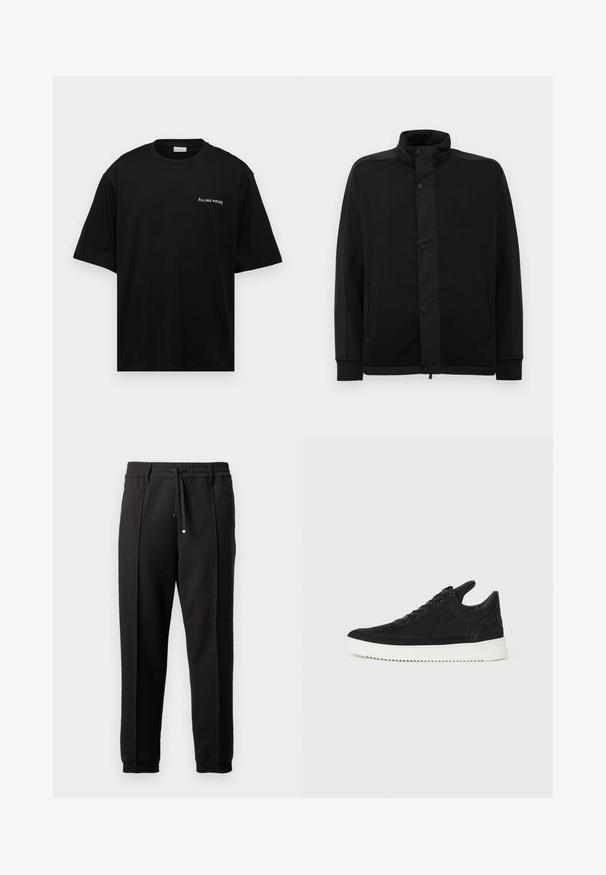 Svart jakke med høy krage, trykknapper og kontrasterende stoffpaneler. Har to sidelommer og ribbestrikkede ermer for en tettsittende look.; Svart bomulls t-skjorte med avslappet passform, korte ermer og hvit "FILLING PIECES" logo på venstre bryst. Glatt tekstur.; Sorte bukser med liv, snor og elastiske mansjetter. Har plisséer og et glatt, teksturert stoff.; Sorte semskede sneakers med hvit gummisåle, med tonale sømmer og snøring. Glatt tekstur med en moderne, strømlinjeformet form.