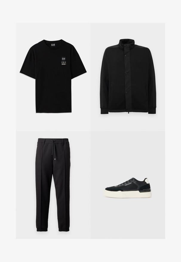 Melna jaka ar augstu apkakli, spiedpogu aizdari un kontrastējošiem auduma paneļiem. Iekļauj divas sānu kabatas un ribotās aproces, lai nodrošinātu pieguļošu izskatu.; Melnas kokvilnas T-krekls ar īsām piedurknēm, apaļo kakla izgriezumu un nelielu logotipa birku priekšpusē ar baltiem apzīmējumiem par kopšanu.; Melni bikses ar jostu, staipāmu un elastīgām aprocēm. Ar krokām un gludu, teksturētu audumu.; Melnas sporta kurpes, kas izgatavotas no sieta un ādas, ar biezām baltām zoles un kontrastējošiem akcentiem. Mežģīņu un logo detaļa sānos.