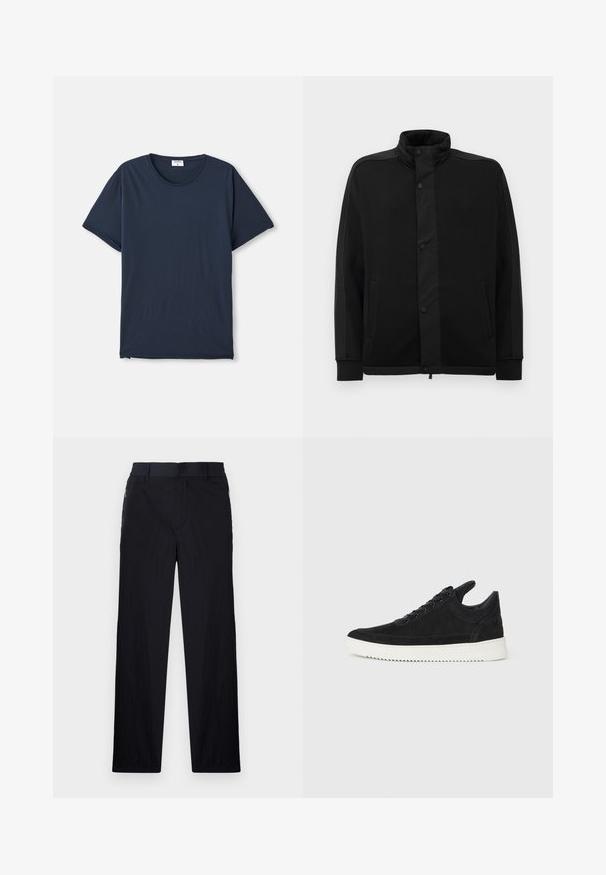 Black jacket with high collar, snap buttons, and contrasting fabric panels. Features two side pockets and ribbed cuffs for a fitted look.; Navy blue short-sleeve crew neck t-shirt with a small white label inside the collar on a white background.; Black trousers featuring a lightweight, textured fabric, straight-leg design, elastic waistband, and side zip pockets.; Black suede sneaker with a white rubber sole, featuring tonal stitching and lace-up design. Smooth texture with a modern, streamlined shape.