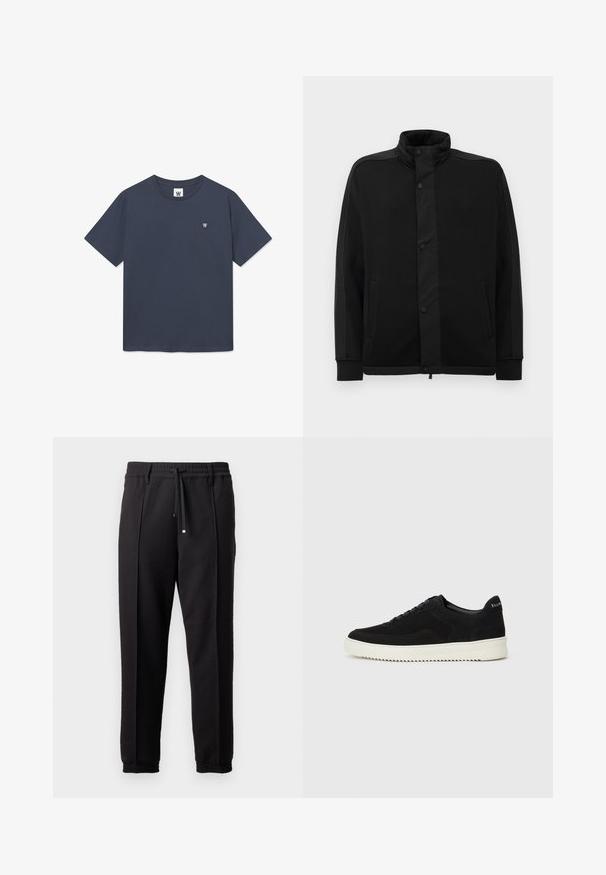 Sort jakke med høj krave, trykknapper og kontrasterende stofpaneler. Har to sidelommer og ribbede manchetter for et tætsiddende look.; Mørkeblå T-shirt lavet af bomuld med rund hals, korte ærmer og et lille logo-patch på venstre bryst. Glat stofstruktur.; Sorte bukser med elastisk talje, snørelukning og elastiske manchetter. Har folder og et glat, tekstureret stof.; Sort ruskinds sneaker med snørebånd og kontrasterende hvid gummisål. Har teksturerede sidepaneler og diskret branding på hælen.