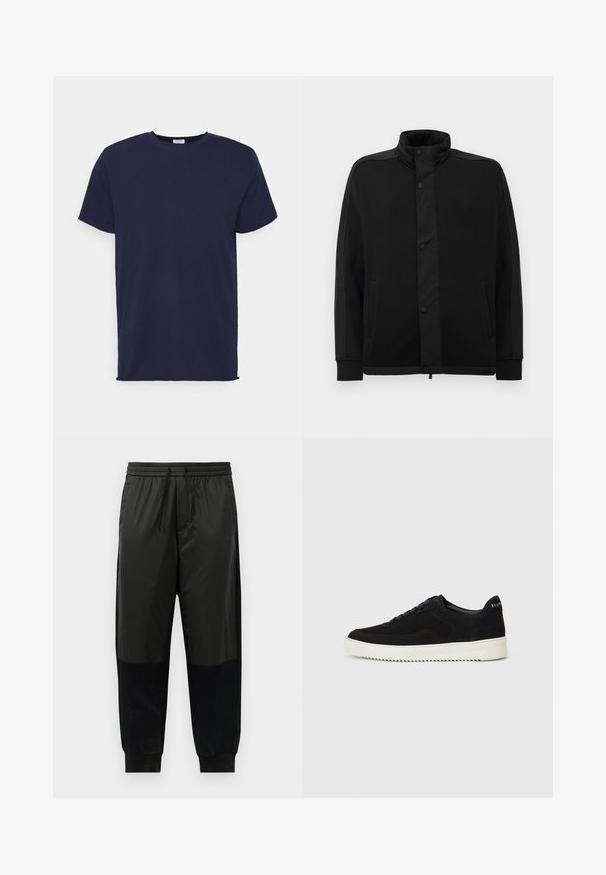 Jachetă neagră cu guler înalt, nasturi tip snap și panouri dintr-un material contrastant. Dispune de două buzunare laterale și manșete ribbate pentru un aspect ajustat.; Tricou navy blue cu mânecă scurtă, realizat dintr-un material moale. Are guler rotund și o croială dreaptă, fără modele sau accente.; Pantaloni sport negri, realizati dintr-un amestec de materiale netede si texturate, cu talie elastica si siret, si manșete conice.; Adidași negri din suede cu design cu șireturi și talpă din cauciuc alb contrastant. Prezintă panouri laterale texturate și branding subtil pe toc.