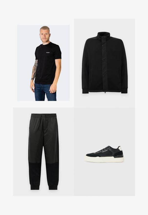 Juoda striukė su aukštu apykakle, spaudimo mygtukais ir kontrastingais audinio intarpais. Turi dvi šonines kišenes ir raukšlėtus rankogalius, suteikiančius prigludusį išvaizdą.; Juoda medvilninė marškinėliai trumpomis rankovėmis, apvaliu iškirpimu ir mažais išsiuvinėtais ženklais ant krūtinės. Dėvimi su mėlynais džinsais.; Juodos sportinės kelnės, pagamintos iš sklandžių ir tekstūruotų audinių, su elastinga juosmens juosta ir raišteliu, bei siaurėjančiomis rankovėmis.; Juodos sportinės bateliai, pagaminti iš tinklinės medžiagos ir odos, su storu baltu padu ir kontrastingais akcentais. Raišteliai ir logotipo detalės šone.