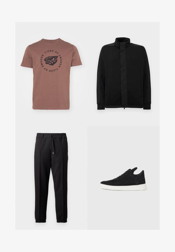 Black jacket with high collar, snap buttons, and contrasting fabric panels. Features two side pockets and ribbed cuffs for a fitted look.; Brown cotton t-shirt with short sleeves and a crew neck. Features a circular black graphic of a tiger's head and text "TIGER OF SWEDEN."; Black trousers with a waistband, drawstring, and elastic cuffs. Features pleats and a smooth, textured fabric.; Black suede sneaker with a white rubber sole, featuring tonal stitching and lace-up design. Smooth texture with a modern, streamlined shape.