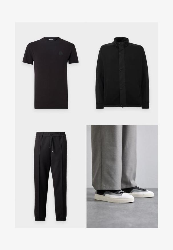 Czarna kurtka z wysokim kołnierzem, z zapięciem na zatrzaski i kontrastowymi panelami z tkaniny. Posiada dwie boczne kieszenie i ściągacze przy mankietach, co zapewnia dopasowany wygląd.; Czarny bawełniany T-shirt z okrągłym dekoltem i krótkimi rękawami. Posiada małe, okrągłe logo na lewej stronie klatki piersiowej.; Czarne spodnie z pasem, sznurkiem do regulacji i elastycznymi mankietami. Posiadają kanty oraz gładki, teksturowany materiał.; Filling Pieces RIVIERA szary