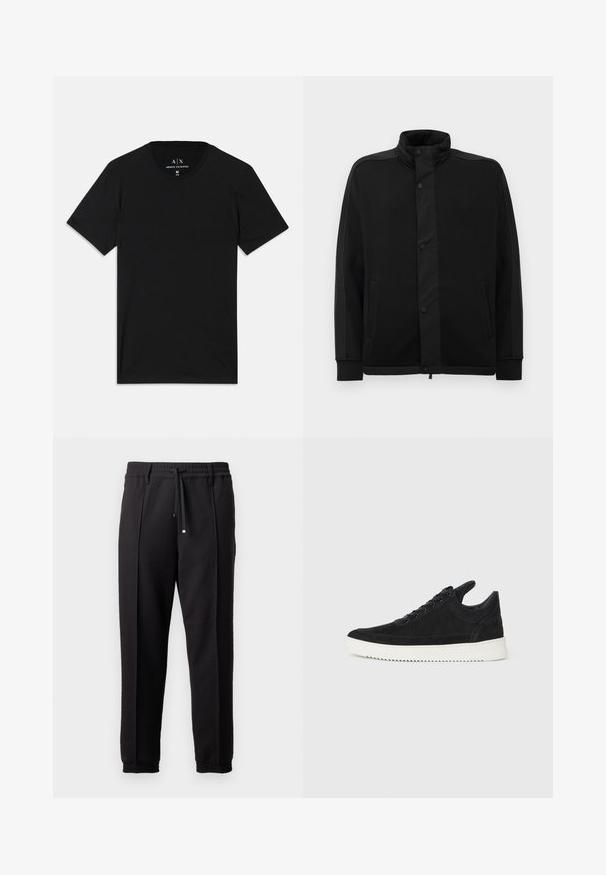 Svart jakke med høy krage, trykknapper og kontrasterende stoffpaneler. Har to sidelommer og ribbestrikkede ermer for en tettsittende look.; Svart t-skjorte laget av bomull, med korte ermer, rund halslinning og en etikett med merkevaren sin logo på innsiden av kragen.; Sorte bukser med liv, snor og elastiske mansjetter. Har plisséer og et glatt, teksturert stoff.; Sorte semskede sneakers med hvit gummisåle, med tonale sømmer og snøring. Glatt tekstur med en moderne, strømlinjeformet form.