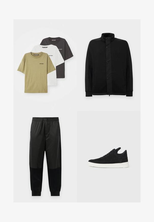Fekete dzseki magas gallérral, patentgombokkal és kontrasztos szövetpanelekből. Két oldalsó zsebe és bordázott mandzsettái vannak, amelyek illeszkedő megjelenést kölcsönöznek.; Három póló, olívazöld, fehér és fekete színben, 100% pamutból készült, rövid ujjú és kerek nyakkivágással, a mellkason a márka logójával.; Fekete sportnadrág sima és texturált anyagok keverékéből, rugalmas derékpánttal és húzózsinórral, valamint keskenyített szárakkal.; Fekete nubuk sportcipő fehér gumitalppal, tónusos varrással és fűzős kialakítással. Simák a textúrája, modern, letisztult formával rendelkezik.