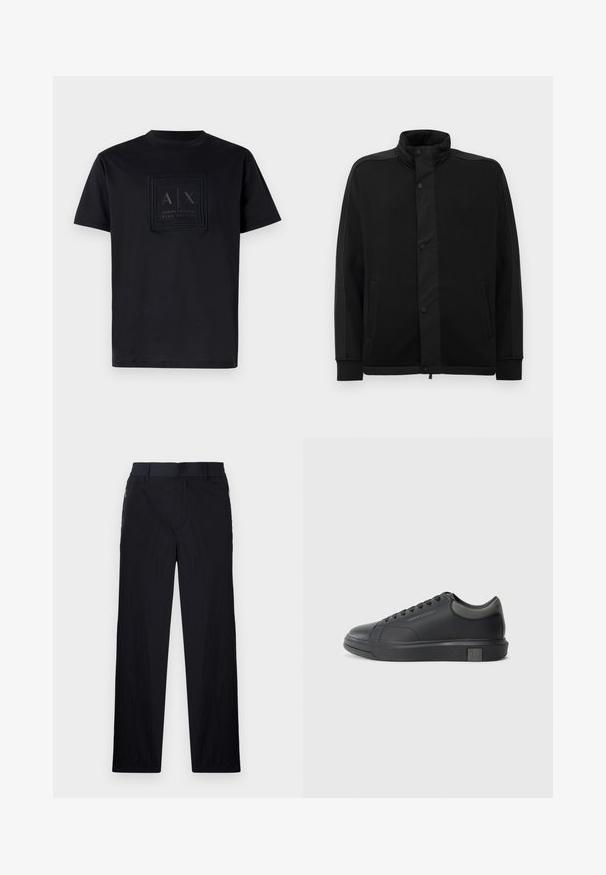 Juoda striukė su aukštu apykakle, spaudimo mygtukais ir kontrastingais audinio intarpais. Turi dvi šonines kišenes ir raukšlėtus rankogalius, suteikiančius prigludusį išvaizdą.; Juodas medvilnės marškinėlis su stačiakampiu logotipu, kuriame yra užrašai "A|X" ir "Armani Exchange Blue Edition" tamsiu šriftu priekyje. Apvalaus kaklo dizainas.; Juodos kelnės, pagamintos iš lengvos tekstūruotos medžiagos, tiesaus silueto, su elastingu juosmeniu ir šoniniais užtrauktukų kišenėmis.; Juodos odinės sportinės bateliai su lygiu paviršiumi, apvaliu nose ir tamsiai pilkais akcentais. Turi raištelių dizainą ir tekstūruotą gumos padas.