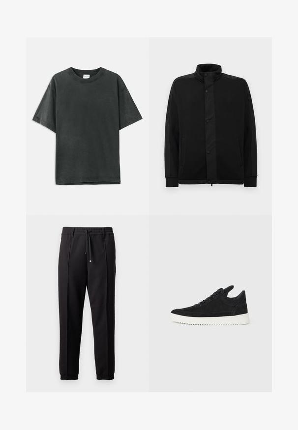 Melna jaka ar augstu apkakli, spiedpogu aizdari un kontrastējošiem auduma paneļiem. Iekļauj divas sānu kabatas un ribotās aproces, lai nodrošinātu pieguļošu izskatu.; Tumši pelēks kokvilnas t-krekls ar īsām piedurknēm, apaļu kakla izgriezumu un smalku zīmola logotipu. Gluda tekstūra ar brīvu piegriezumu un taisnu apakšmali.; Melni bikses ar jostu, staipāmu un elastīgām aprocēm. Ar krokām un gludu, teksturētu audumu.; Melna zamša apavi ar baltu gumijas zoli, ar tonālu izšuvumu un auklu dizainu. Gluda tekstūra ar mūsdienīgu, plūstošu formu.