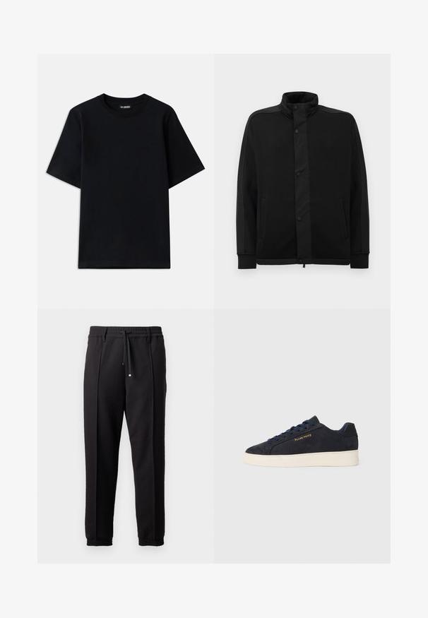 Svart jakke med høy krage, trykknapper og kontrasterende stoffpaneler. Har to sidelommer og ribbestrikkede ermer for en tettsittende look.; Svart bomull t-skjorte med rund hals og korte ermer. Har subtil logo broderi på venstre bryst. Flat, glatt tekstur.; Sorte bukser med liv, snor og elastiske mansjetter. Har plisséer og et glatt, teksturert stoff.; Marineblå ankelhøyde sneakers i semsket skinn med hvit såle, marineblå snøringer, og "Filling Pieces"-logo i gull på siden.