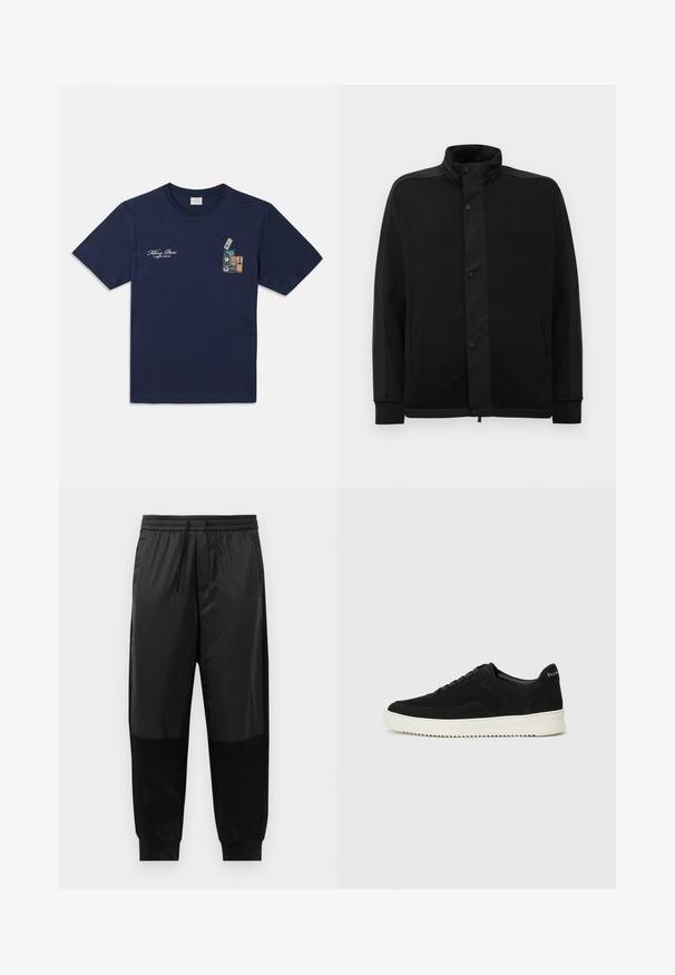 Černá bunda s vysokým límcem, patentkami a kontrastními látkovými panely. Obsahuje dvě postranní kapsy a žebrované manžety pro přiléhavý vzhled.; Námořnická modrá bavlněná trička s krátkým rukávem, se vzorem naskládaných kazet a textem "Killing Bees" na hrudi.; Černé sportovní kalhoty vyrobené z kombinace hladkých a texturovaných látek, s elastickým pasem se stahovací šnůrkou a zúženými manžetami.; Černé semišové tenisky s krajkovým designem a kontrastní bílou gumovou podrážkou. Obsahují texturované boční panely a jemné branding na patě.