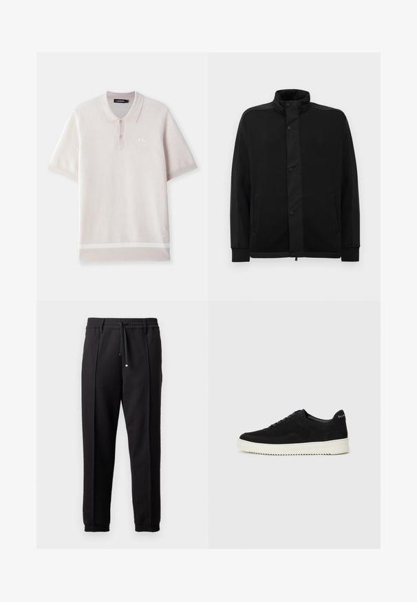 Svart jakke med høy krage, trykknapper og kontrasterende stoffpaneler. Har to sidelommer og ribbestrikkede ermer for en tettsittende look.; Lyse grå polo skjorte laget av teksturert stoff med krage, kortermet, tre knapper og en hvit logo på brystet.; Sorte bukser med liv, snor og elastiske mansjetter. Har plisséer og et glatt, teksturert stoff.; Svart semsket sneakers med snøring og kontrasterende hvit gummisåle. Har teksturerte sidepaneler og subtil merkevare på hælen.