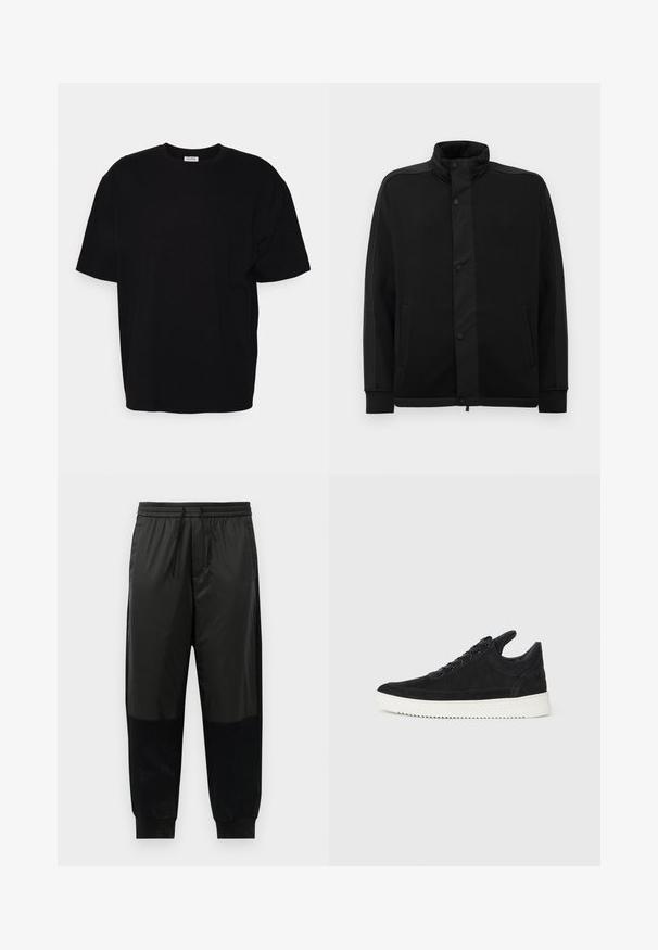 Black jacket with high collar, snap buttons, and contrasting fabric panels. Features two side pockets and ribbed cuffs for a fitted look.; Black cotton t-shirt with short sleeves, round neckline, relaxed fit, and no visible patterns or detailing. Smooth texture.; Black athletic pants featuring a blend of smooth and textured fabrics, elastic waistband with drawstring, and tapered cuffs.; Black suede sneaker with a white rubber sole, featuring tonal stitching and lace-up design. Smooth texture with a modern, streamlined shape.