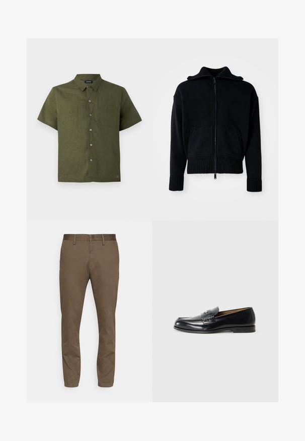 Sort lynlådsweater med ribbet tekstur, høj krave og to frontlommer. Har brede ribbede manchetter og kant. Minimalistisk design.; Kortærmet skjorte i mørk olivengrøn, lavet af tekstureret stof; har knaplukning foran og en enkelt brystlomme.; Brune, strækstofbukser med slim fit. Indgår en glat talje, bæltestropper og to forlommer.; Læder loafers i sort med en glat finish, rund tå, dekorativ syning og et lille metalaccent foran.
