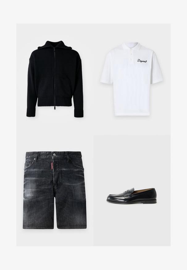 Mustmustriibitud musti tõmblukuga kampsun, millel on kõrge krae ja kaks esist pocket'it. Omab laiu ribistatud varrukaid ja helmeid. Minimalistlik disain.; Valge puuvillane polosseelik, millel on klassikaline krae, kolm nuppu ja vasakul küljel must tikandiga "Dsquared2" logo.; Mustad denimpüksid pleekinud disainiga, viis taskut, metallist nööbiga kinnitamine. Omab nähtavat bränditagi vööl.; Mustad nahast loafers musta värviga, siledat pinna, ümmarguse toe, dekoratiivse tikandi ja väikese metallaktsendiga esiosas.