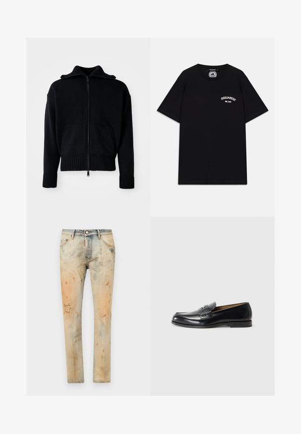 Crna zip-up dukserica s rebrastom teksturom, visokim ovratnikom i dva prednja džepa. Ima široke rebraste manšete i donji rub. Minimalistički dizajn.; Crna pamučna majica s kratkim rukavima, s bijelim logotipom "DSQUARED2 MILANO" na prsima. Okrugli izrez, glatka tekstura.; Izblijedjele plave traperice s istrošenim izgledom, s mrljama i rupom na jednom koljenu. Klasični dizajn s pet džepova i metalnim gumbom za zatvaranje.; Crne kožne mokasine s glatkom površinom, okruglim vrhom, dekorativnim šavovima i malim metalnim akcentom na prednjem dijelu.